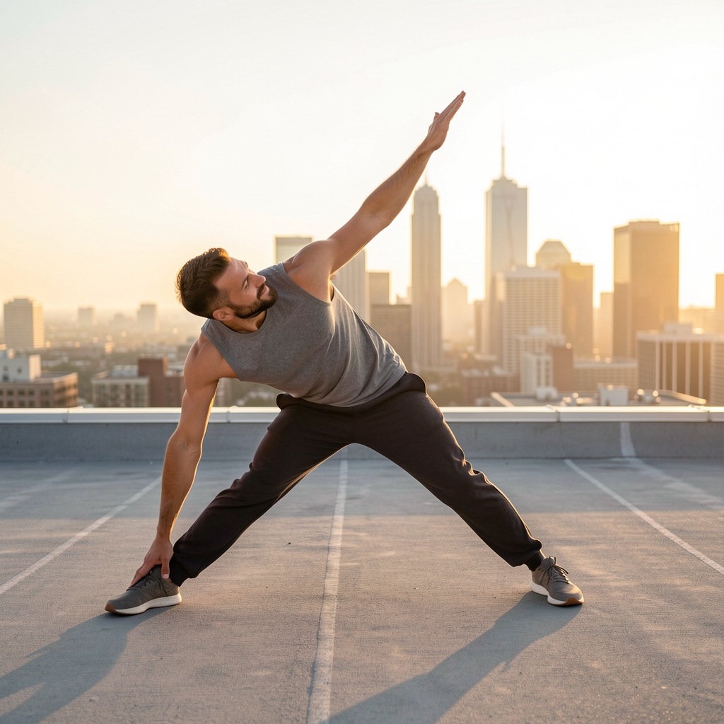 Active Indonesian man in early morning light stretching on a rooftop with city skyline in background, warm golden hour glow