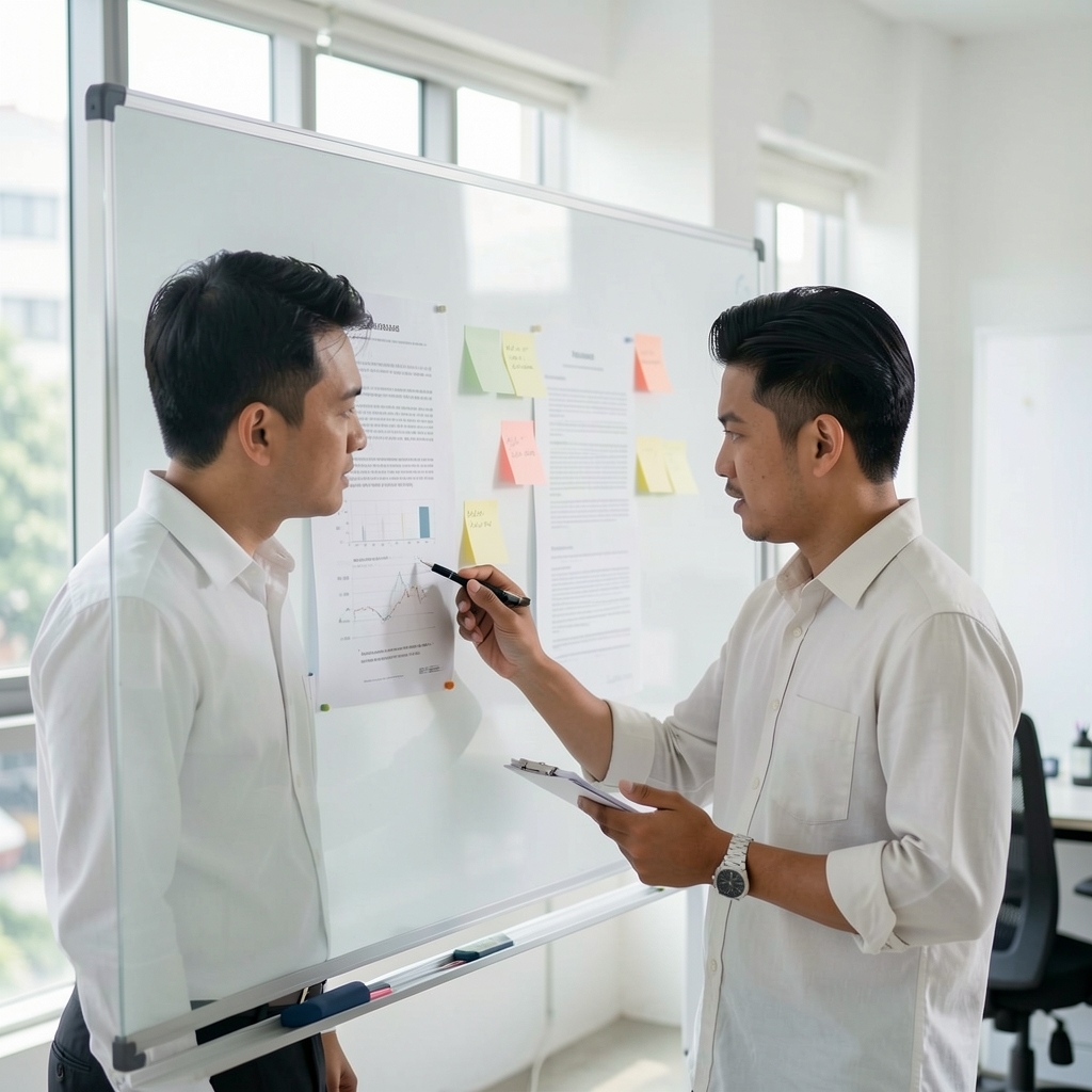 Kaleno editor reviewing research documents with sticky notes on a glass whiteboard in a bright Jakarta studio, annotating sources for contextualisation