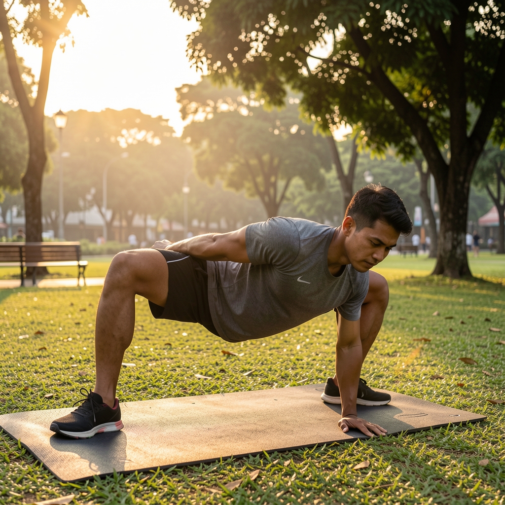 Man performing bodyweight strength training outdoors in Jakarta park at sunrise, wearing athletic gear