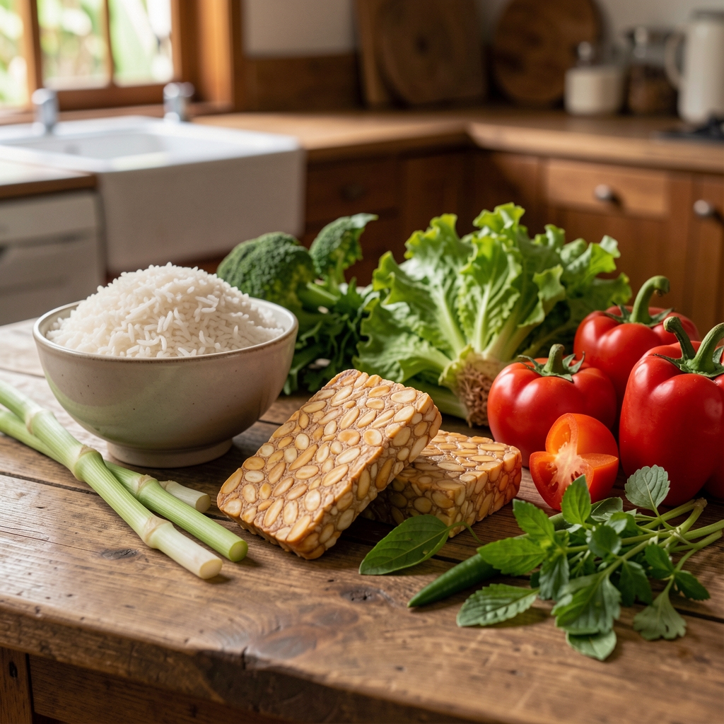 Whole food ingredients laid out on a wooden kitchen surface in Indonesia including rice, tempeh, vegetables and fresh herbs