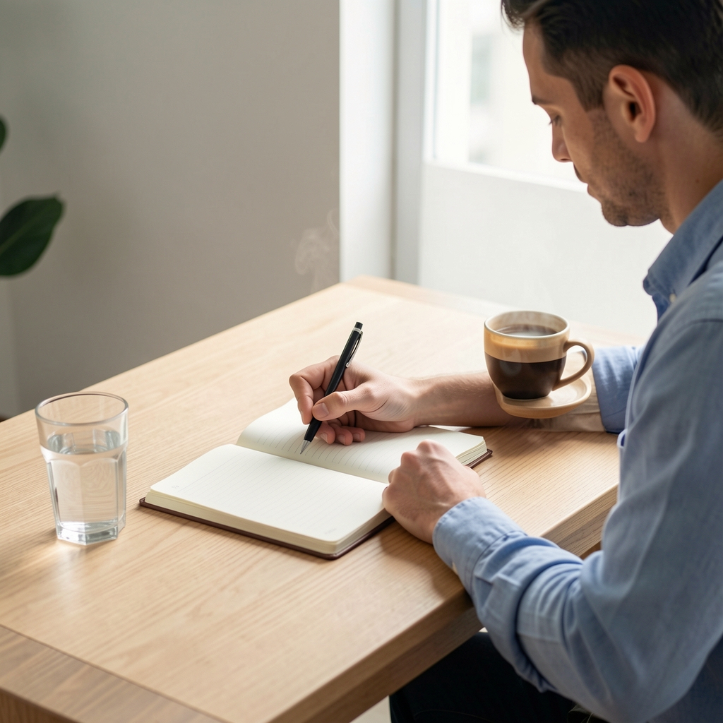 Man journaling with a pen at a minimal wooden desk, notebook open, beside a glass of water and morning coffee