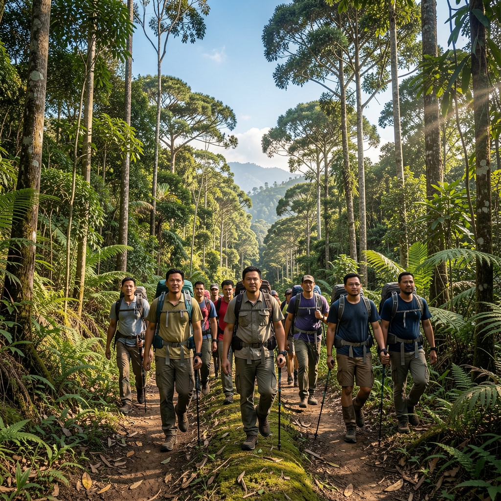 Group of men hiking together on a forested trail in Indonesian highlands on a clear weekend morning