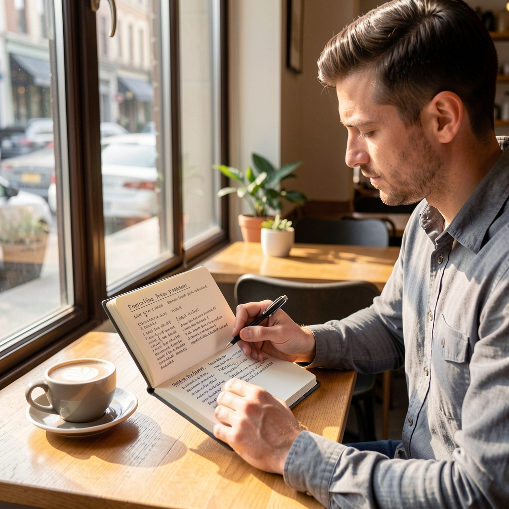 Man reviewing handwritten progress notes in a structured personal journal at a coffee shop table with a flat white coffee and morning sunlight through large windows