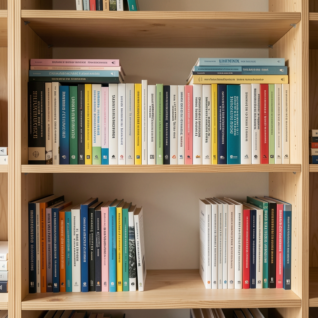 Editorial bookshelf in the Kaleno studio with nutritional science reference volumes and research journals on natural wood shelving