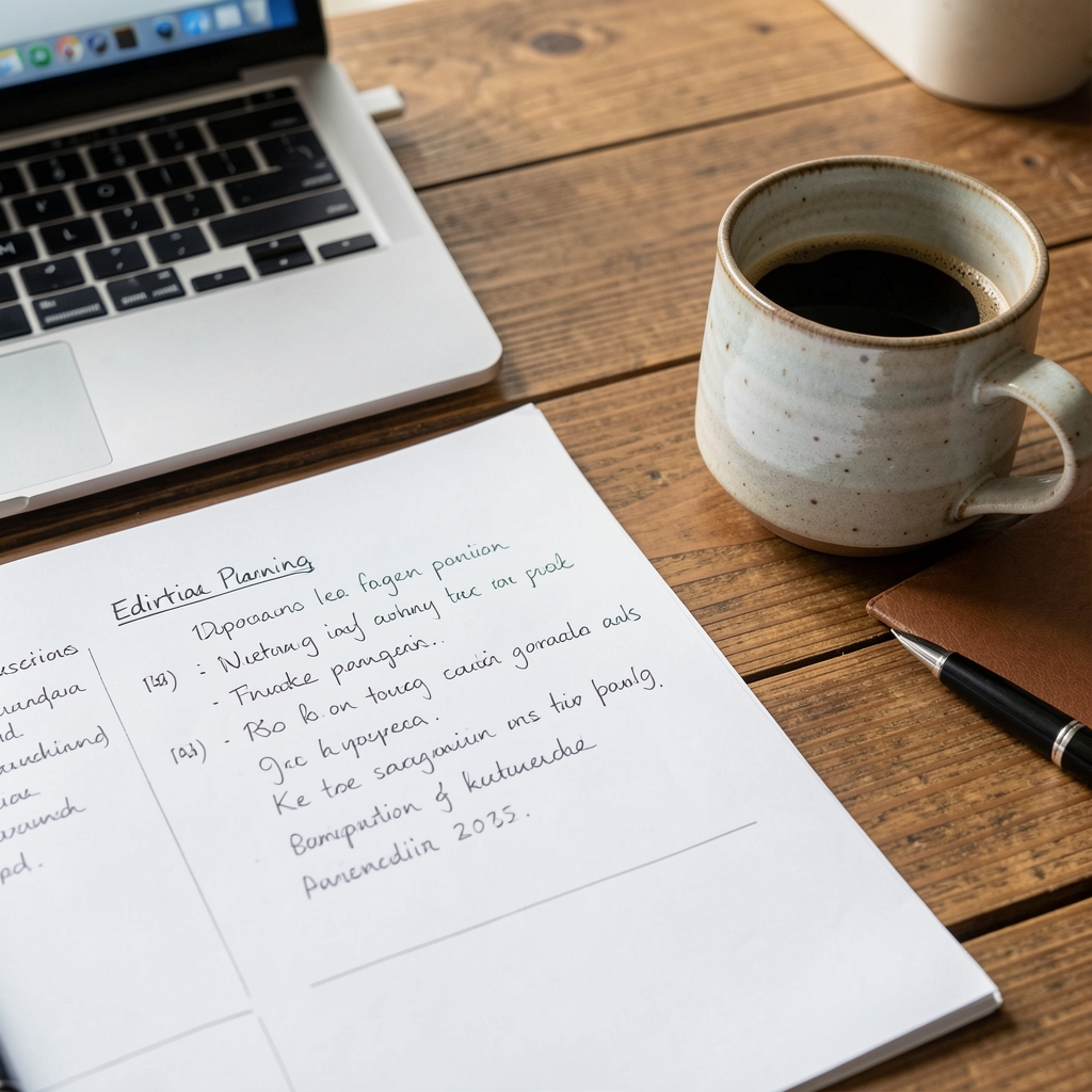 Close-up of handwritten notes on editorial planning sheets beside a laptop on a wooden desk with Indonesian coffee in a ceramic cup