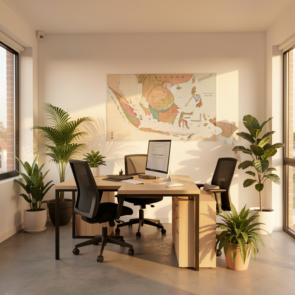 Wide shot of the Kaleno studio office in South Jakarta with warm late afternoon light, white walls, plants and a map of Indonesia on the wall